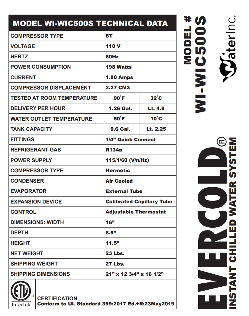 EverCold Under-Sink Water Chiller Instant Chilled Water System (WI-WIC500S)